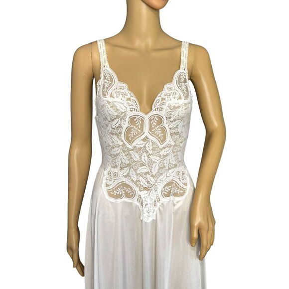 Olga Vintage 91060 Nylon/Spandex Elegant White/Ivory Lace & Satin Sleeveless Nig - Picture 4 of 11